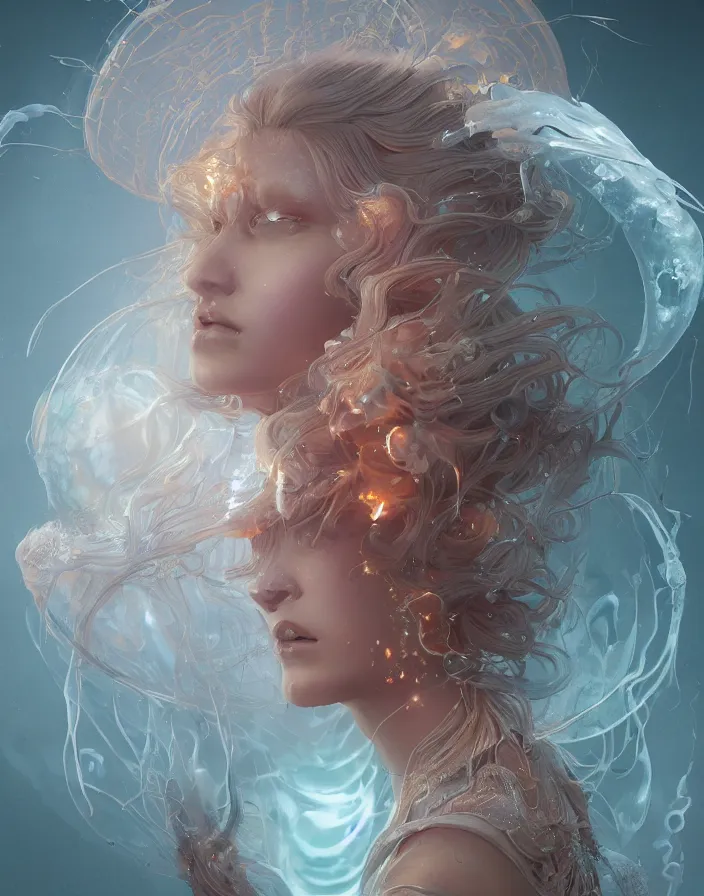 Image similar to goddess portrait. jellyfish phoenix head. intricate artwork by Tooth Wu and wlop and beeple. octane render, trending on artstation, greg rutkowski very coherent symmetrical artwork. cinematic, hyper realism, high detail, octane render, 8k, matte painting, peter mohrbacher, 3d