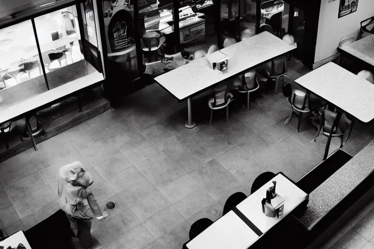 Image similar to overhead view, surveillance, black and white, grainy image, an empty fast food restaurant lobby with a lion that is roaring