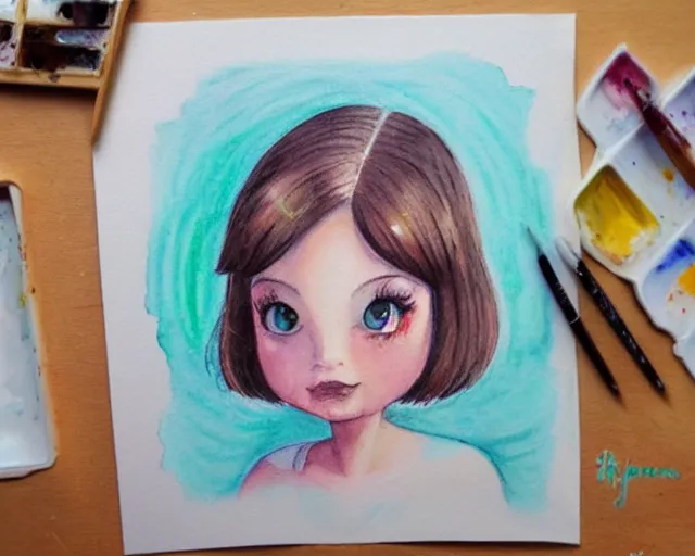 Image similar to a little girl with the ice cream watercolor colored pencil painting trending on artstation