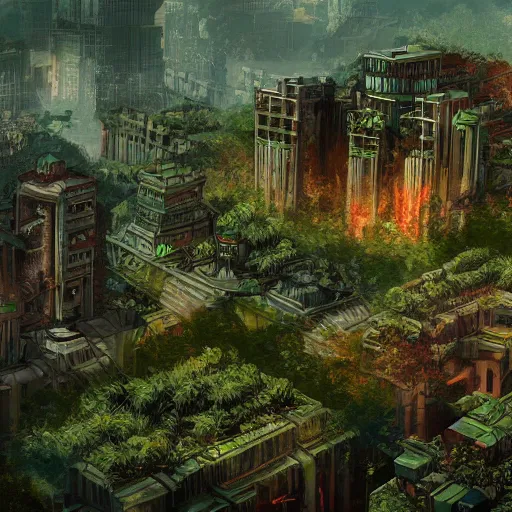 Image similar to Doom, city overgrown with vegetation, surviving humanity, game concept art, highly detail