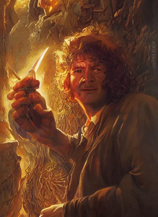 Prompt: portrait painting of hobbit mage, rpg portrait, ambient light, dynamic lighting art by boris vallejo, karol bak, geof darrow