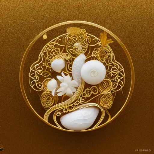 Image similar to art nouveau gold mochi shaped sculpture with filigree faberge orchid betta whiplash forest liquid lightshow spiral organic natural forms designed by giger, 8 k, octane render