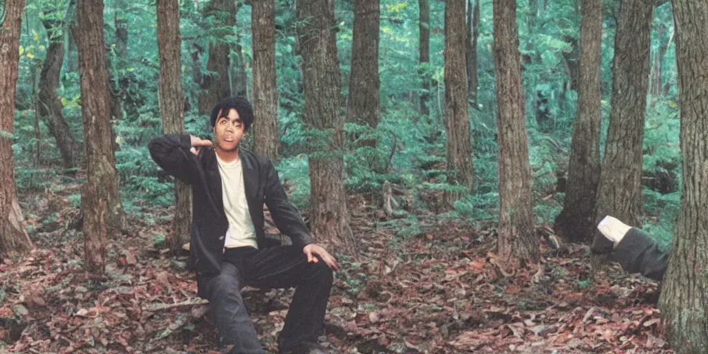 Image similar to a still of a 90s OVA of a man with black hair in a forest