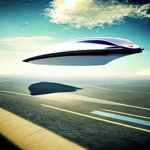 Image similar to “realistic photo, solar car hovering off a futuristic landscape”