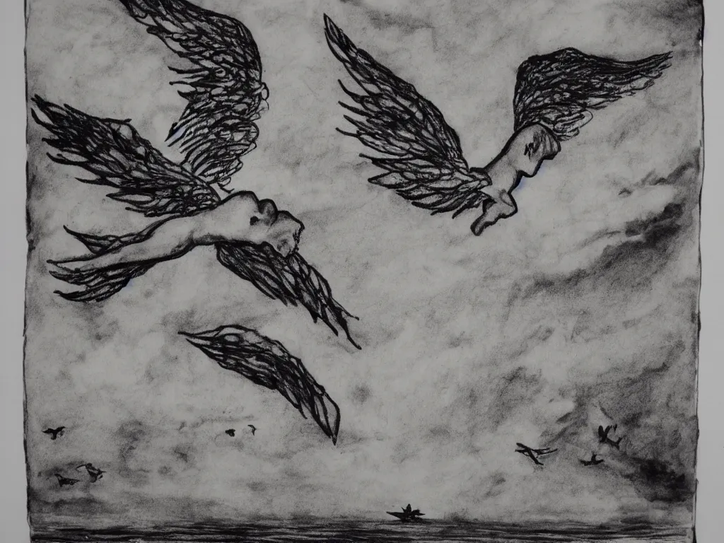 Image similar to angel in the sky flying on the sea india ink drawing