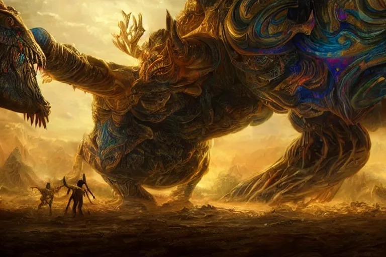 Prompt: ultra realist soft painting of an epicarmy facing an innomable gigantic creature, very intricate details, golden ratio, volumetric rainbow lighting, reflections, refractions, symmetry accurate anatomy features, fantasy war scene background, unreal render