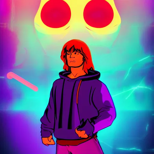 Image similar to he - man in hoodie, portrait, vaporwave, synthwave, neon, vector graphics, cinematic, volumetric lighting, f 8 aperture, cinematic eastman 5 3 8 4 film