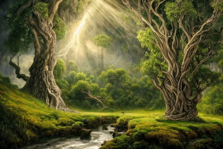 Image similar to masterpiece painting of lord of the rings old man willow tree of life on a hillside overlooking a creek, dramatic lighting, malign tree - spirit of great age, hyperrealism concept art of highly detailed by andreas franke