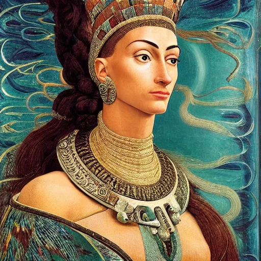 Prompt: intricate detail, hyper detail, nefertiti, african sybil, lady of elche techno mystic princess intergalactica, wearing labradorite full body armor,, hazel green eyes, teal eyebrows, with aqua neon rapunzel dreadlocks, detailed, by sandro botticelli, gaston bussiere, h. r. giger, masterpiece, sharp focus,