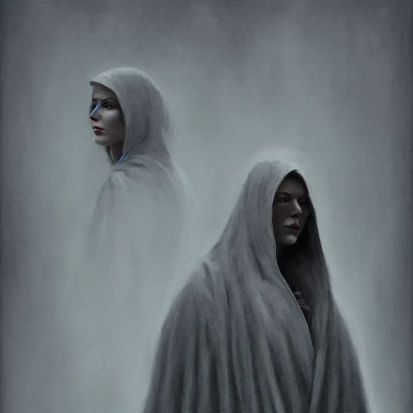 Image similar to Portrait of a young woman wearing a hooded robe, anatomically correct, perfect face, cinematic shot, candid, intricate, elegant, highly detailed digital painting, trending on Artstation, concept art, smooth, sharp focus, illustration and art by Beksinski, by Simon Stalenhag