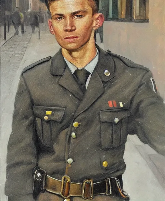 Image similar to portrait of a handsome young german policeman in berlin, art by denys tsiperko and manuel sanjulian and bogdan rezunenko, hyperrealism