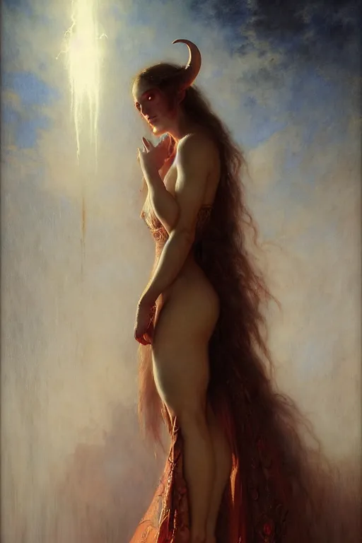 Image similar to a full body portrait of a demon girl wearing gown, high detail, cleary see face, by gaston bussiere, bayard wu, greg rutkowski, odd nerdrum, maxim verehin, realism, dan dos santos, masterpiece, sharp focus, cinematic lightning