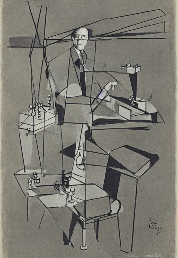 Image similar to a concept drawing of marcel duchamp holding up a chess - piece wire - machine, a surrealist painting by marcel duchamp, complex artificial - intelligence machinery, minimal sketch flow - chart, academic art, 1 9 2 0 s