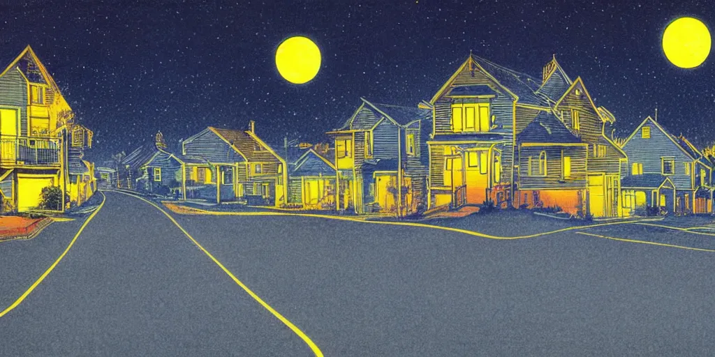 Prompt: suburban street at night, cool color scheme, radioactive light streaming out of the windows of houses, midnight blue sky, shining yellow moon, isolated, empty street, liminal space, mural, 1980s airbrush style