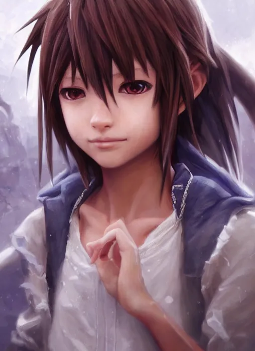 Image similar to realistic portrait painting of sora from kingdom hearts, old mystic ruins, afternoon, intricate, elegant, highly detailed, digital painting, sharp, focus, by artgerm and greg rutkowski