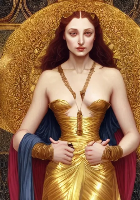 Prompt: sansa angeline jolie gessica chastain mummy cleopatra gold, intricate, elegant, highly detailed, digital painting, artstation, concept art, smooth, sharp focus, illustration, art by artgerm and greg rutkowski and alphonse mucha and william - adolphe bouguereau