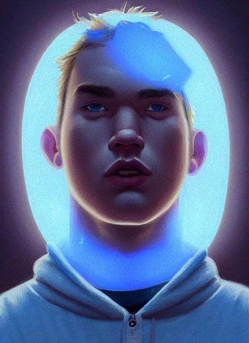 Image similar to portrait of high school senior boy named big moose, blonde short hair, jock, beefy, wide face, square jaw, square facial structure, blue varsity jacket with letter r, intricate, elegant, glowing lights, highly detailed, digital painting, artstation, concept art, sharp focus, illustration, art by wlop, mars ravelo and greg rutkowski