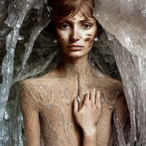 Prompt: full shot of a regal brown woman wearing an intricate armor made of many layers of ice. no makeup!! freckles!! haunting eyes. vulnerable. fragile. ethereal. elaborate. ice caves. glaciers. refracted light. extremely soft lighting. textures. delicate. translucent. by ray cesar. by louise dahl - wolfe. by andrea kowch. surreal photography.