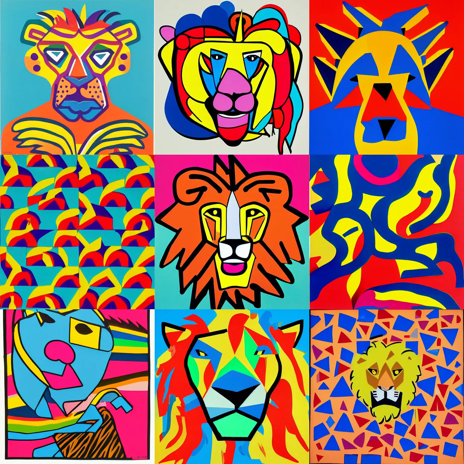 Prompt: profile picture of a lion in the memphis group style, bold, colorful, shapes, 1 9 8 0 s, kitsch