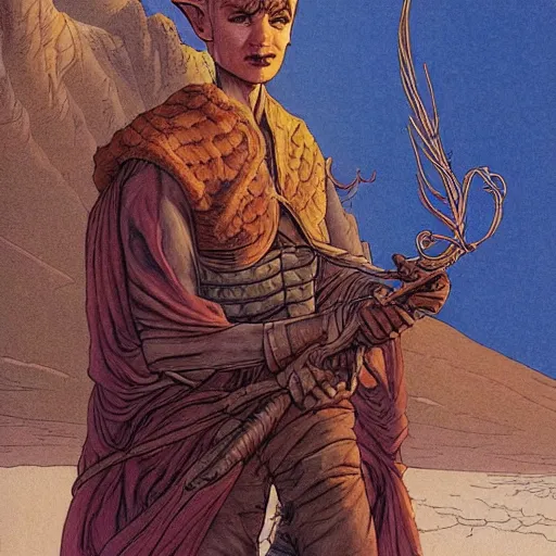 Image similar to Kethlan the elven desert bandit. Epic portrait by james gurney and mœbius.