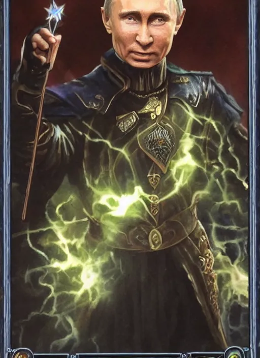 Image similar to a fully photographed magic the gathering card, depicting vladimir putin as a wizzard, 8 k