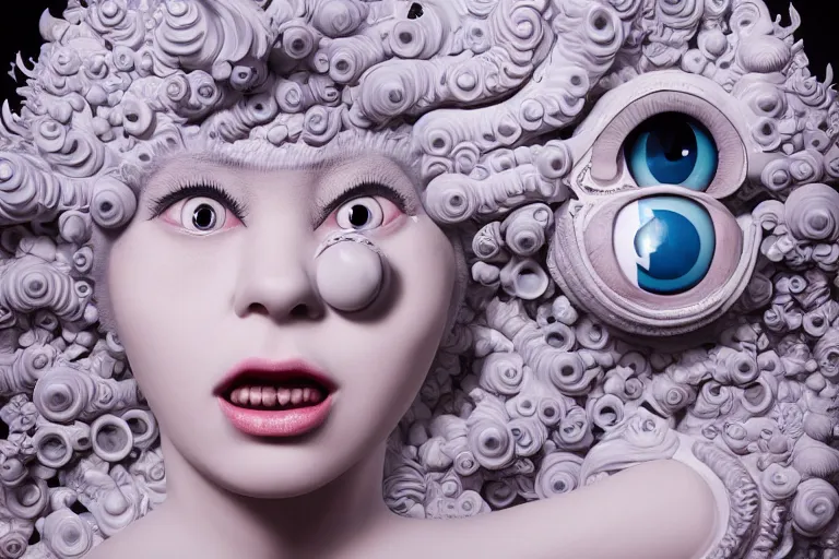 Image similar to 3 d full head and shoulders beautiful white porcelain woman with big eyeballs all through her hair, ornate detailed hair, 3 d swirling hair by theodor seuss geisel and daniel arsham and xiang duan, simon stalenhag john waters, dr seuss kim jung gi, on a white background