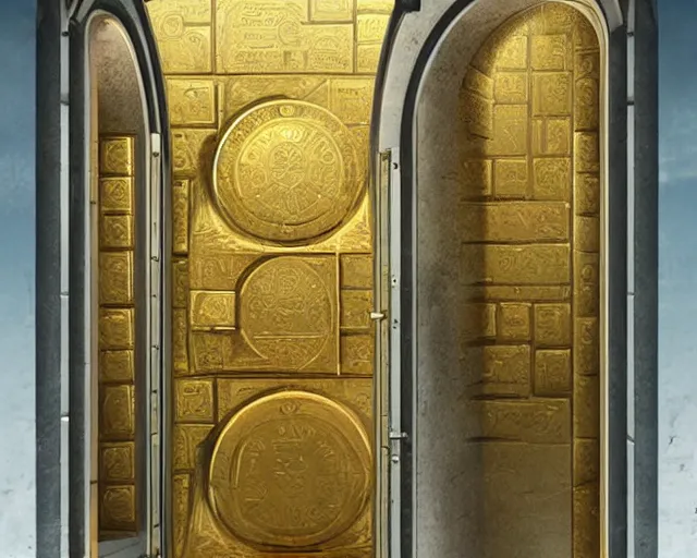 Image similar to a bank vault for gold ingots in the style of ancient sumeria, art by charlie bowater