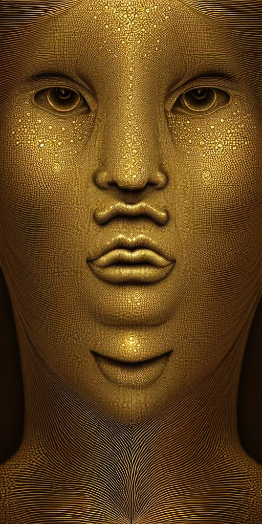 Image similar to hyper detailed ultra sharp of a beautiful fractal face. trending on artstation, golden, delicate, facing camera, hyper realism, 1 4 5 0, engraving, ultra realistic, 8 k