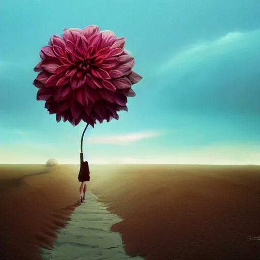 Prompt: closeup gigantic dahlia flower under head, a girl walking between dunes, surreal photography, sunrise, blue sky, dramatic light, impressionist painting, digital painting, artstation, simon stalenhag