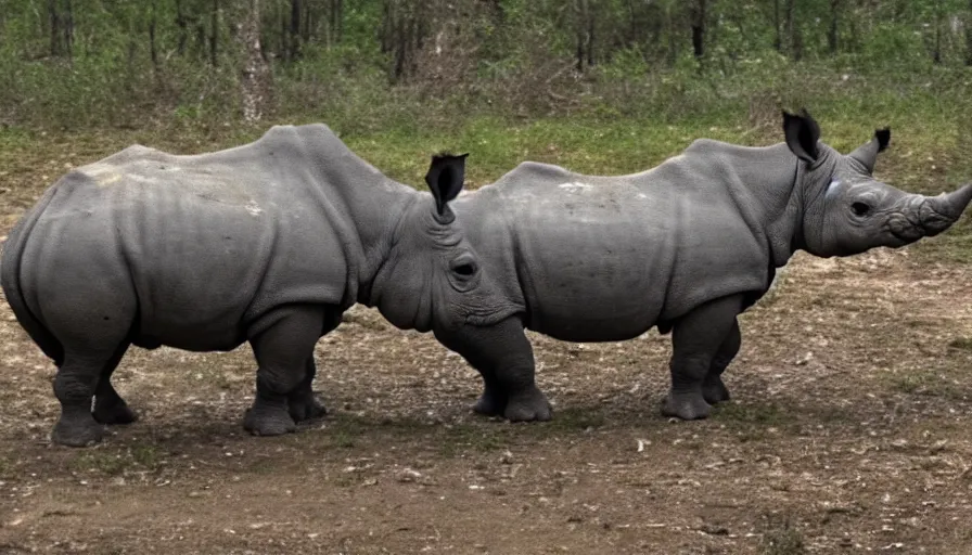 Image similar to a rhinoceros in a public shower, by mini dv camera, very low quality, heavy grain, blurry, caught on trail cam