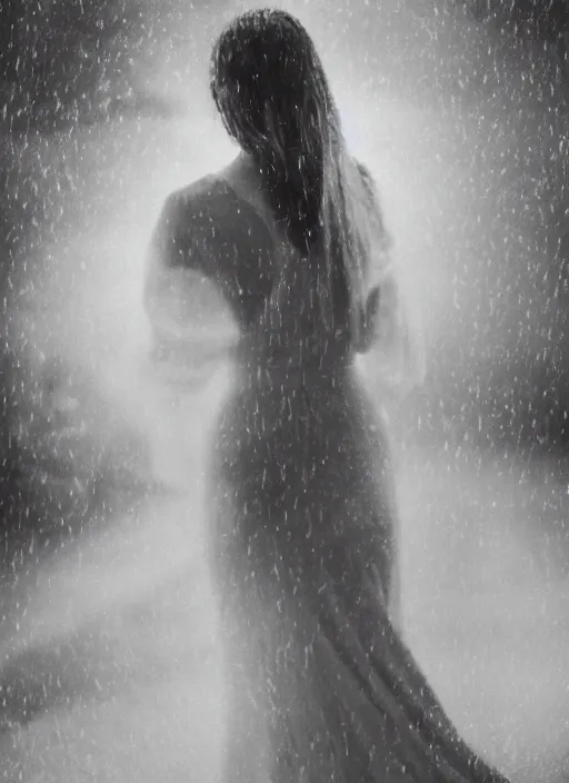 Prompt: symmetry!! a 2 8 mm macro photo of a woman in a formal gown standing in the rain, misty, morning, splash art, movie still, bokeh, canon 5 0 mm, cinematic lighting, dramatic, film, photography, golden hour, depth of field, award - winning, anamorphic lens flare, 8 k, hyper detailed, 3 5 mm film grain