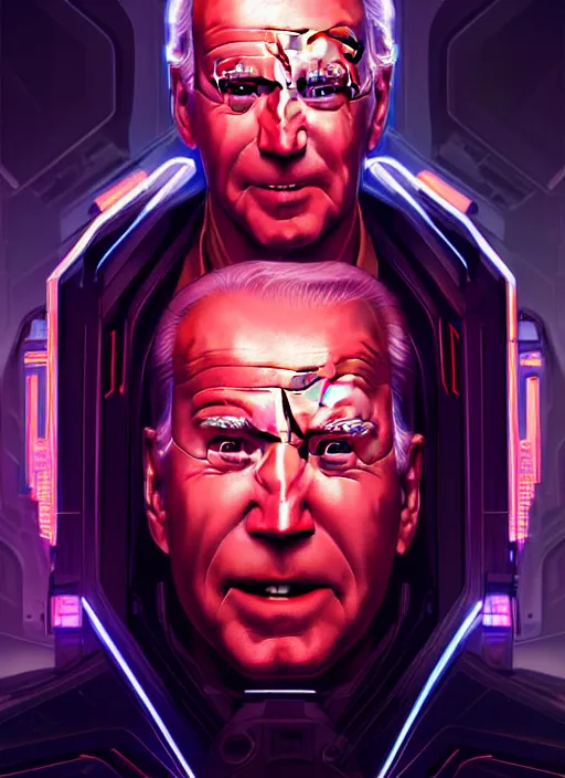 Image similar to symmetry portrait of cyberpunk joe biden, sci - fi, tech wear, glowing lights intricate, elegant, highly detailed, digital painting, artstation, concept art, smooth, sharp focus, illustration, art by artgerm and greg rutkowski and alphonse mucha