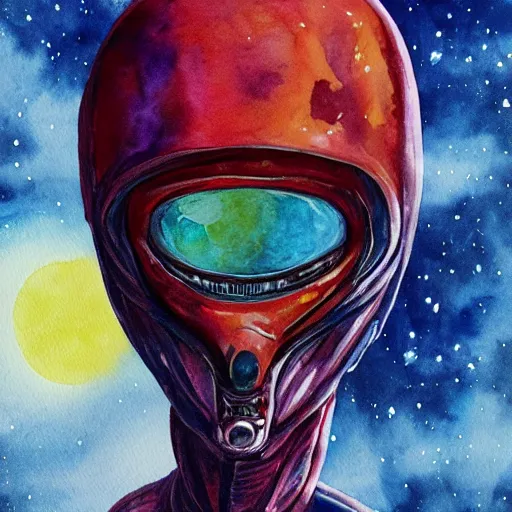 Prompt: alien extraterrestrial englishman in space. watercolor. dramatic. amazing painting. formal. beautiful. high resolution. highly realistic. close - up. trending on artstation