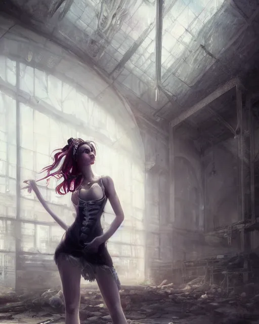 Prompt: daniel gerhartz and artgerm detailed portrait digital rococo painting of a beautiful woman wearing streetwear clothing, abandoned warehouse interior in the background, unreal engine, hyper realism, realistic shading, cinematic composition, realistic render, octane render, hdr, detailed textures, photorealistic, ultrawide shot, 3 5 mm film