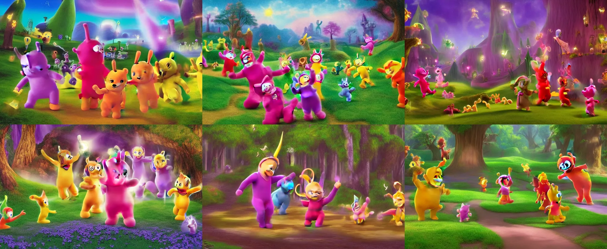 Prompt: Teletubbies brawl is getting out of hand, Movie frame from the coloured Disney animated motion picture released in 1937, beautiful enchanted forest full of critters, directed by Walt Disney, highly detailed background paintings by Thomas Kinkade