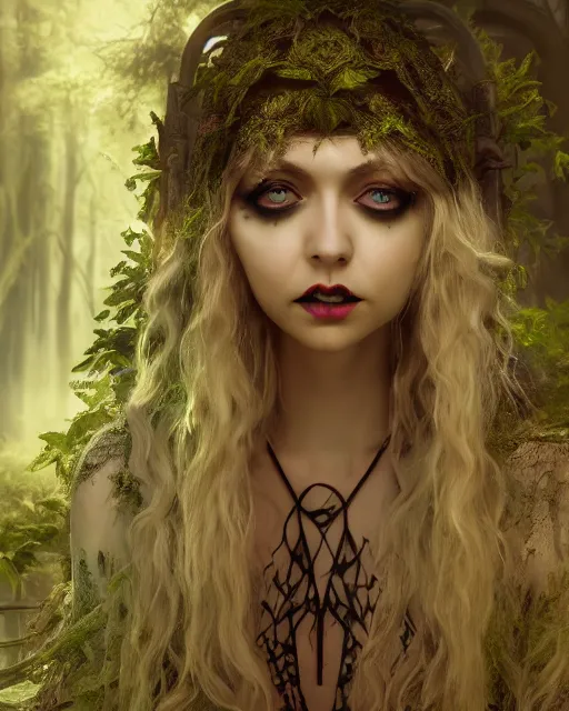 Prompt: Beautiful art portrait of taylor momsen as a fantasy gothic priestess in a bright temple surrounded by lush forest, atmospheric lighting, intricate detail, cgsociety, hyperrealistic, octane render, RPG portrait, ambient light, dynamic lighting