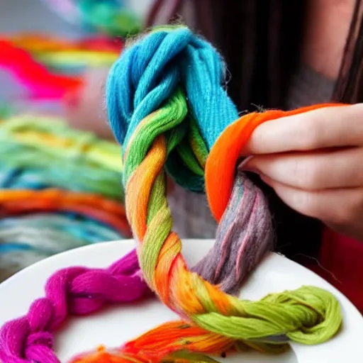 Prompt: photo of person eating a plate of colorful yarn like spaghetti