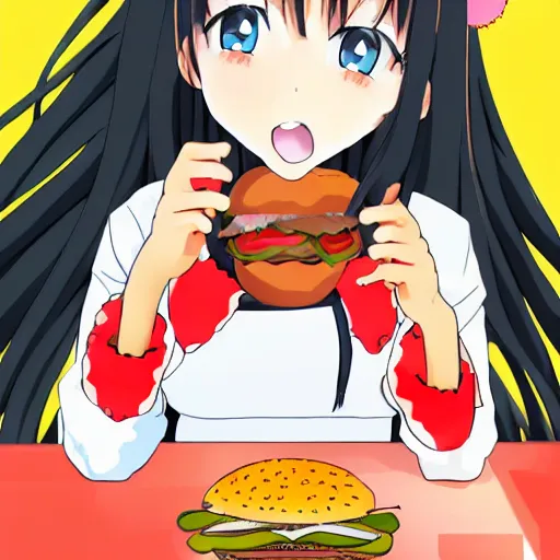 Image similar to anime girl eating a burger