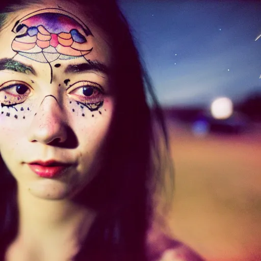 Image similar to beautiful young woman with micron pen ink face tattoos stares at the camera, night sky, stars in background, bruce gilden, leica s, fuji 8 0 0, grainy, low light