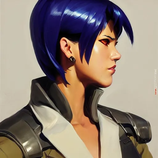 Image similar to greg manchess portrait painting of major kusanagi as overwatch character, medium shot, asymmetrical, profile picture, organic painting, sunny day, matte painting, bold shapes, hard edges, street art, trending on artstation, by huang guangjian and gil elvgren and sachin teng