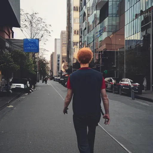 Image similar to A giant balding, white, ginger man walking through the city