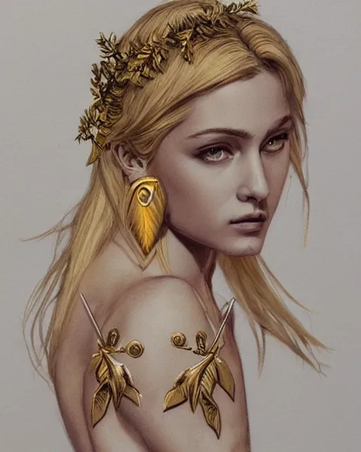 Image similar to front view of beautiful aphrodite greek goddess wearing a gold laurel wreath and triangle earrings, realism tattoo sketch, beautiful piercing eyes with sharp pupils, beautiful blonde hair, in the style of greg rutkowski, fantasy, amazing detail, epic, elegant, smooth, sharp focus, super model