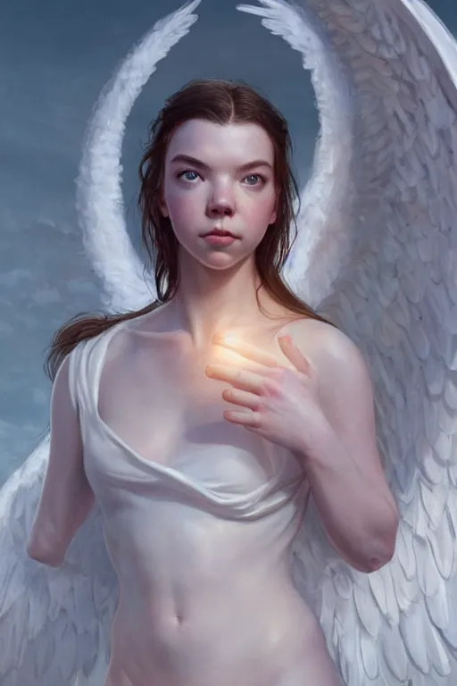 Image similar to anya taylor - joy as a heavenly angel, anatomy, bathing in light, highly detailed, photorealistic, artstation, smooth, sharp focus, illustration, unreal engine 5, 8 k, art by art by artgerm and greg rutkowski and edgar maxence