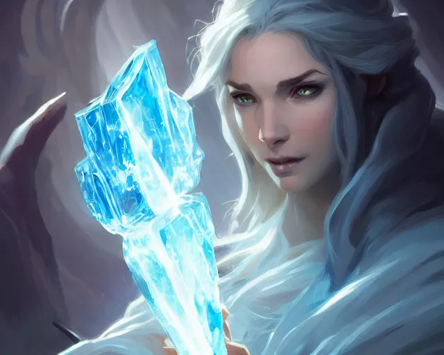 Image similar to mage casting ice bolt, deep focus, d & d, fantasy, intricate, elegant, highly detailed, digital painting, artstation, concept art, matte, sharp focus, illustration, hearthstone, art by artgerm and greg rutkowski and alphonse mucha