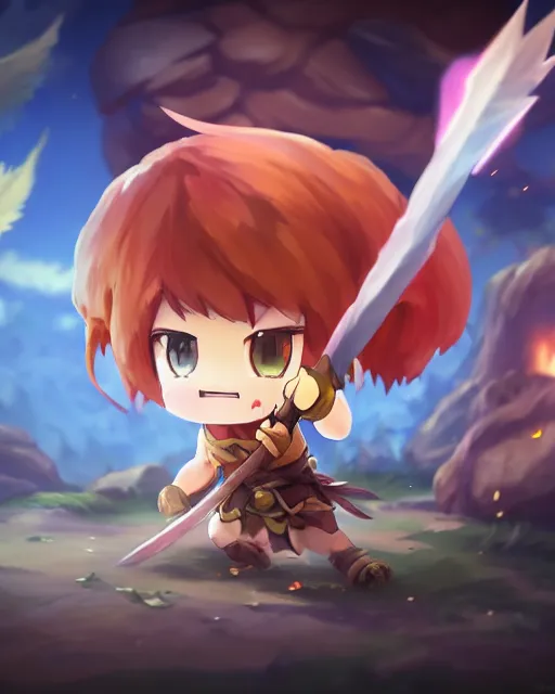 Image similar to oil painting of a cute chibi MapleStory warrior,, attacking, casting a spell with a spear, wearing a MapleStory warrior outfit, sharp focus, fantasy style, octane render, volumetric lighting, 8k high definition, by greg rutkowski, highly detailed, trending on artstation, magic the gathering artwork, Perion background from MapleStory, centered