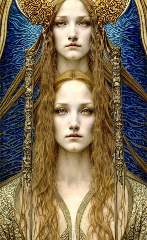 Image similar to detailed realistic beautiful young medieval queen face portrait by jean delville, gustave dore and marco mazzoni, art nouveau, symbolist, visionary, gothic, pre - raphaelite. horizontal symmetry