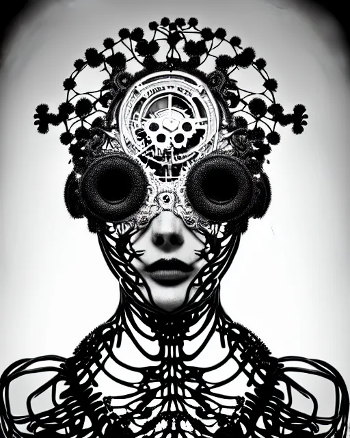 Image similar to surreal black and white photo portrait of complex bio-mechanical beautiful young female vegetal-cyborg with a Mandelbrot fractal steampunk metal fine lace face, curled silver hair and a fine metal floral foliage super big lace collar by Alexander McQueen:: high fashion, haute couture, rococo, steampunk, silver filigree details, anatomical, facial muscles, cable wires, microchip, elegant, hyper realistic, 150 mm lens, soft rim light, octane render, unreal engine, volumetric lighting, 8k,