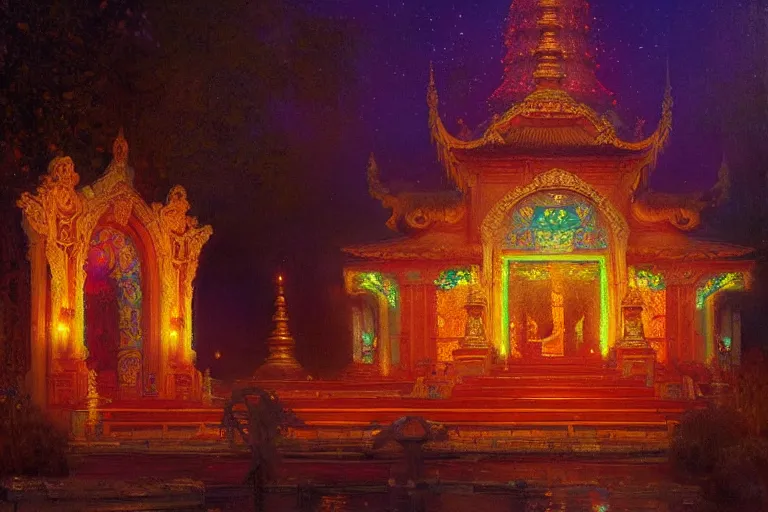 Prompt: mausoleum, buddhism, neon light, painting by gaston bussiere, greg rutkowski