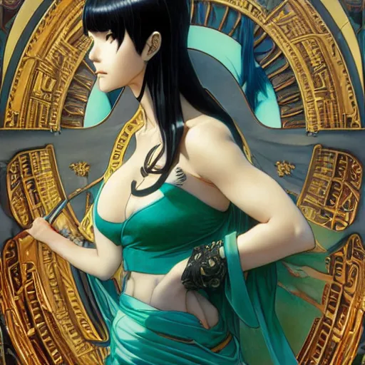 Prompt: highly detailed vfx portrait of nico robin by eiichiro oda, makoto shinkai, alphonse mucha, sharp focus, art by artgerm and greg rutkowski!, backlit, harsh overhead sunlight, blue eyes, aquiline nose, stanley kybric, kaoru mori, hyper detailed, smooth pixiv, fanbox,