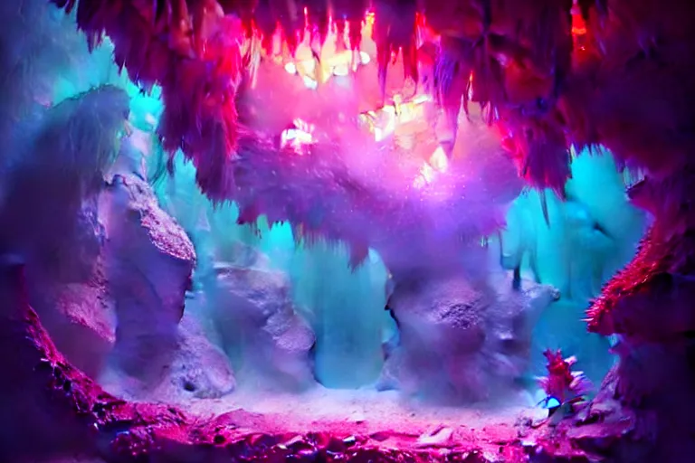 Prompt: beautiful crystal coral, pink, orange, purple, underwater crystal caverns, concept art, beautiful lights, d & d, fantasy, highly detailed, masterpiece, volumetric lighting, digital painting, artstation, smooth, sharp focus, illustration, art by artgerm, by greg rutkowski